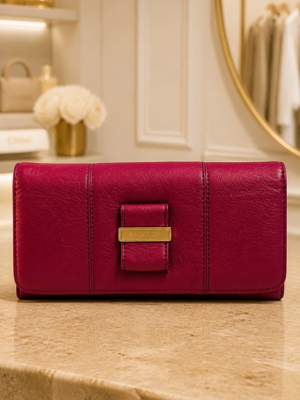 See By Chloe Magenta Leather Continental Wallet with Gold Plaque